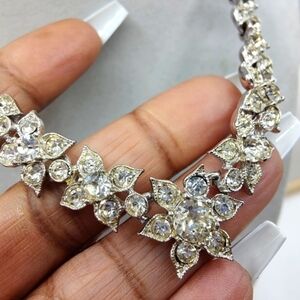 Vintage Rhinestone Choker Necklace with Bling • Silvertone • Floral